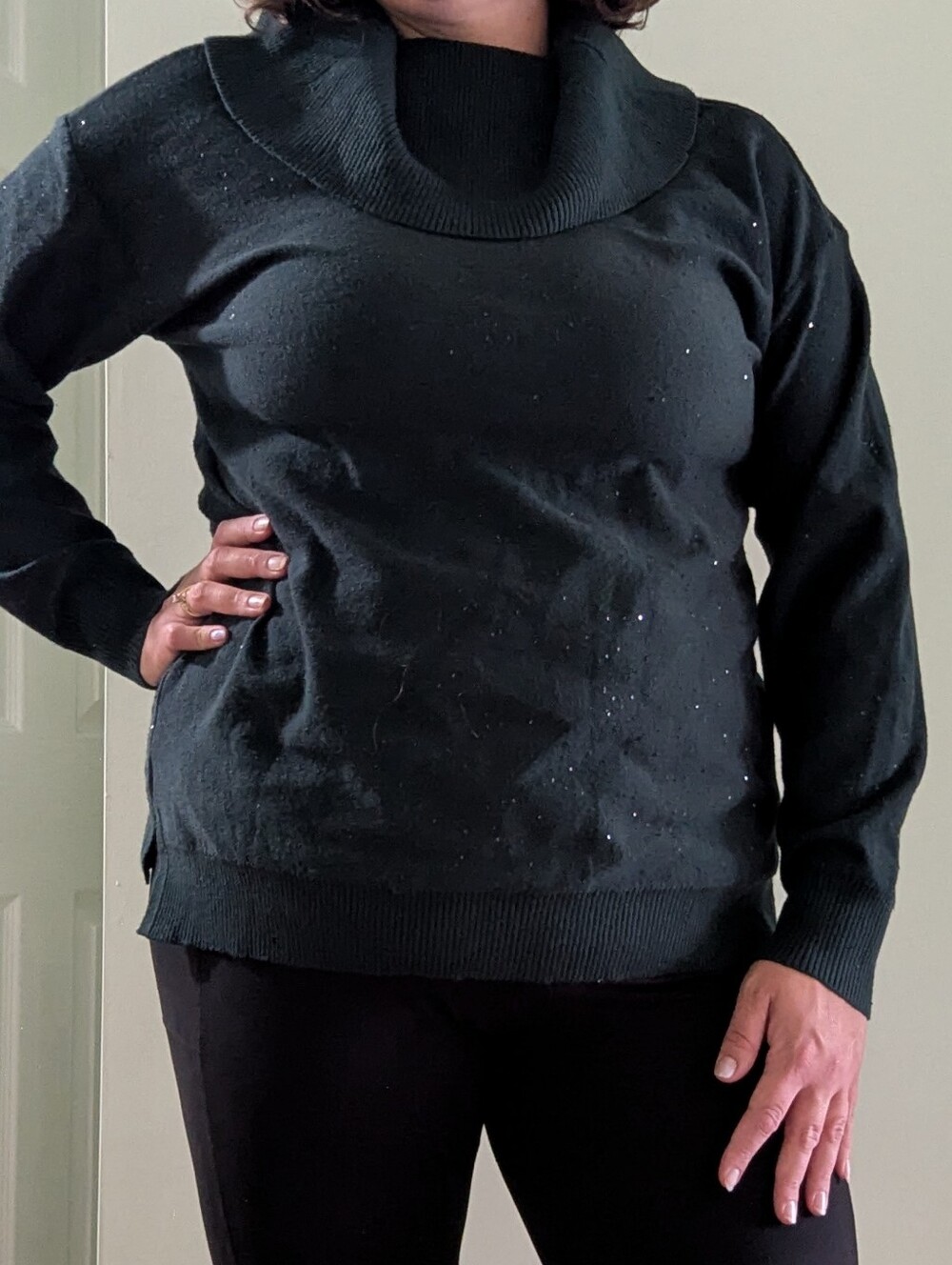 Women's L Large Dark Forest Green Cowl Neck Sweater With Sequins Glittery